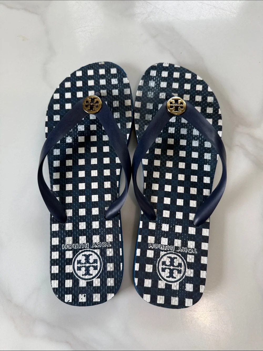 Tory Burch Kids Navy and White Check Flip Flops with Gold Logo